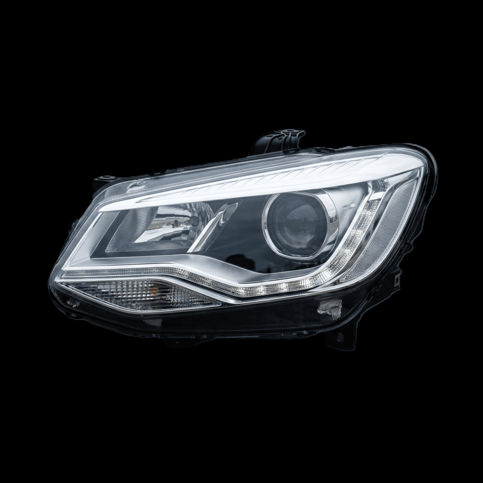 Car headlight on a black background
